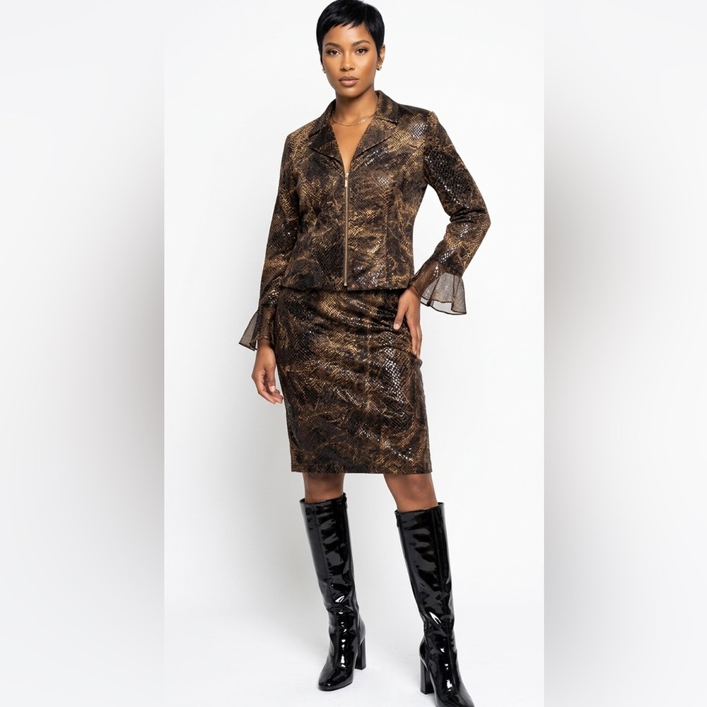 Joseph Ribkoff VTG Skirt Suit Brown & Black Animal Print/Snake w Shine SIZE 12